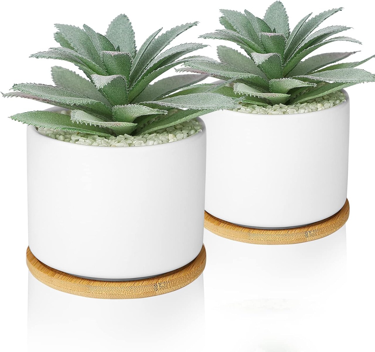 Set of 2 Artificial Agave Small Potted Succulent Plants with White Ceramic Pots & Bamboo Tray – Faux Desk & Home Decor